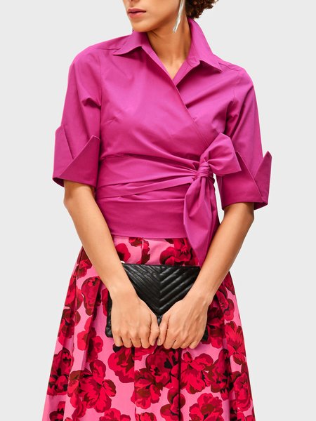 

Summer Lightweight Plain Regular Fit Shirt Collar Short Sleeve Tops, Rose red, Tops
