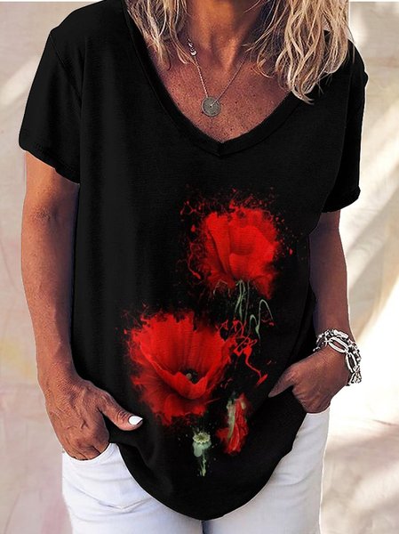 

Women's Poppy Print Vintage Casual Top, Black, T-shirts