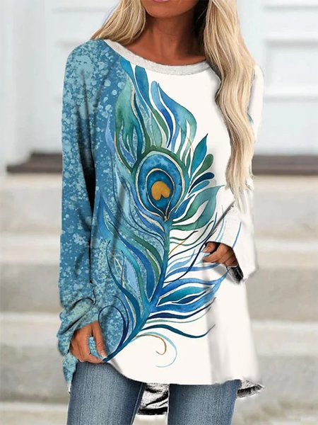 

Boho Floral-Print A-Line Long Sleeve Shirts & Tops, White, Long sleeve tops