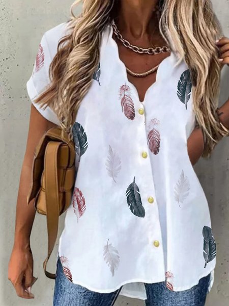 

Casual Feather Short Sleeve Plus Size Printed Blouses, White, Blouses & Shirts