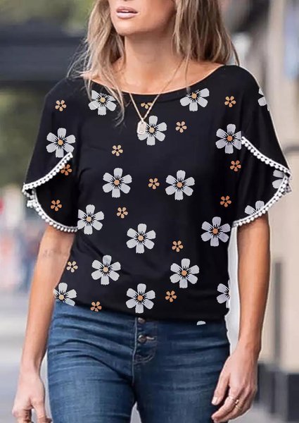 Casual Floral Short Sleeve Tops, Black, Shirts & Blouses