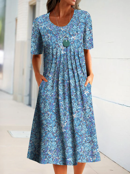 

Loosen Pockets Casual Short Sleeve Woven Dress, Blue, Midi Dresses
