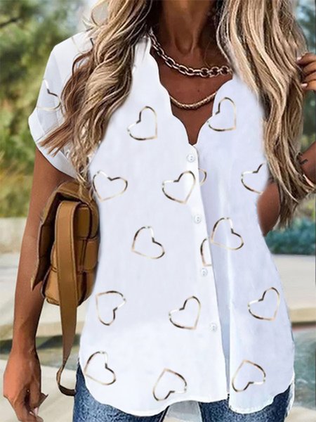 

Casual Loosen Heart V Neck Short Sleeve Blouse, White, Blouses & Shirts