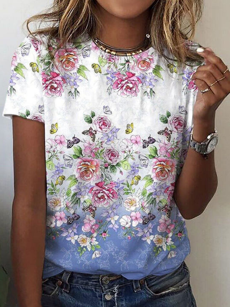 

Floral Casual Crew Neck Short Sleeve T-Shirt, Multicolor, T-Shirts
