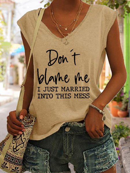 

Funny Don't Blame Me I Just Married Into This Mess V Neck Knit, Khaki, Tank Tops