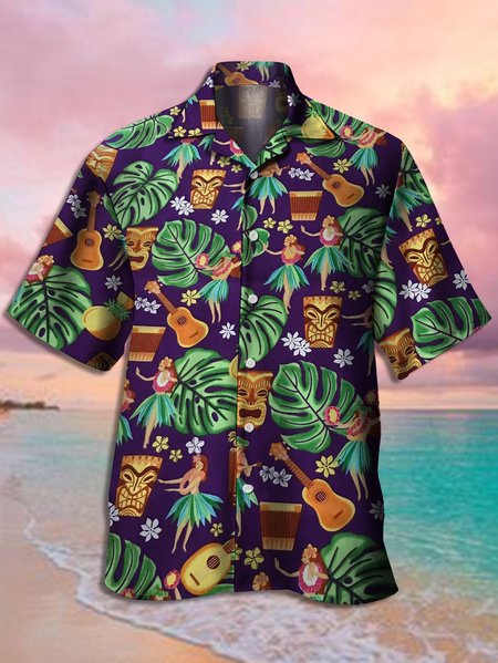 

Mens Vintage Hawaiian Tiki Music Print Casual Short Sleeve Aloha Shirts, Purple, Men's Floral shirt