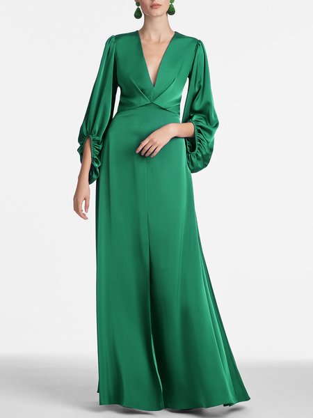 

Bishop Sleeve V Neck Long Sleeve Woven Maxi Dress, Green, Maxi Dresses
