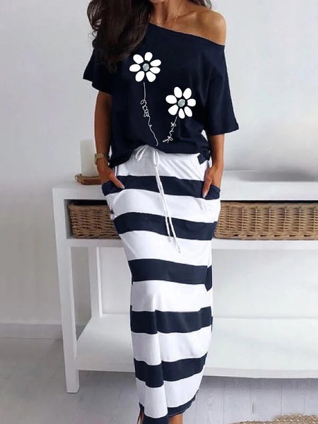 

Two Piece Floral Short Sleeve T-shirts With Skirts, Blue, Two-piece Outfits
