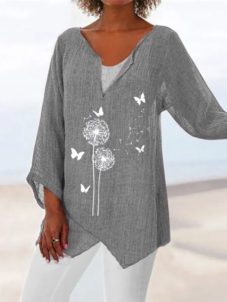 

Casual Cotton Long Sleeve V Neck Plus Size Tops, Gray, Tops