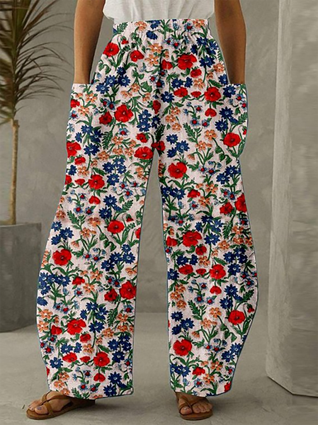 

Floral Printed Casual Vacation Elastic Waist Loose Pocket Pants, Multicolor, Pants