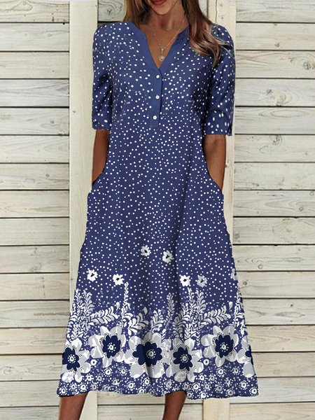 

Floral V Neck Vacation Dresses, Blue, Dresses