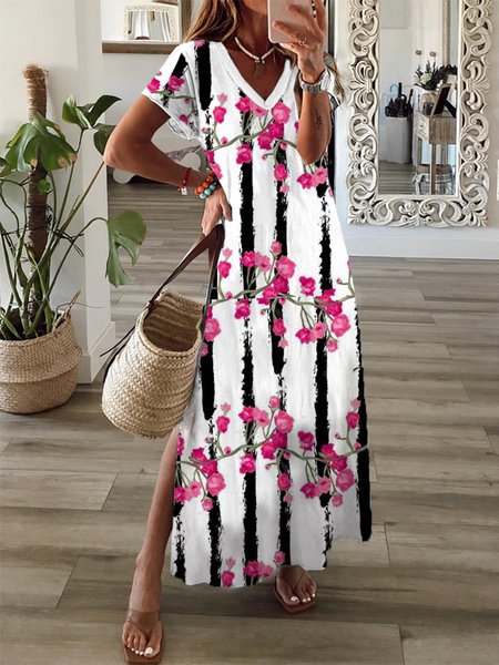 

Floral V Neck Short Sleeve Knit Dress, White, Maxi Dresses