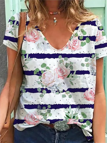 

Casual V Neck Striped Short Sleeve T-Shirt, Stripe-blue, T-Shirts