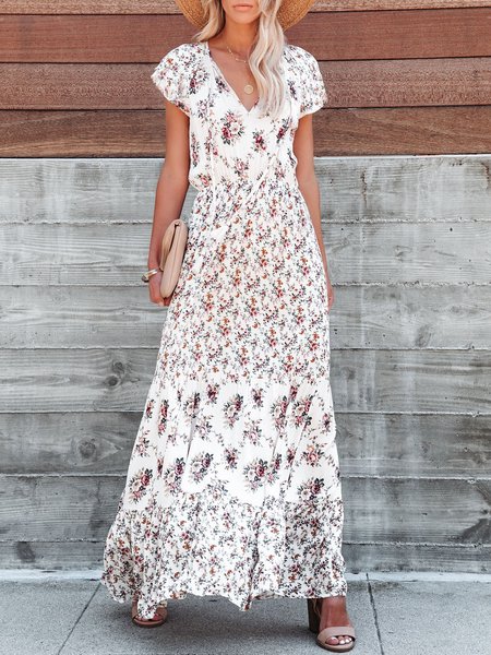 

Raglan Sleeve Floral Vacation Loosen Short Sleeve Woven Dress, White, Maxi Dresses