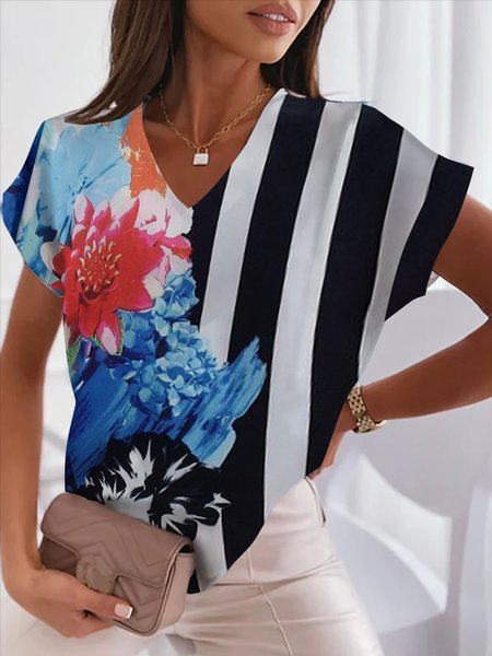

Casual V Neck Short Sleeve Tops, Black, Tops