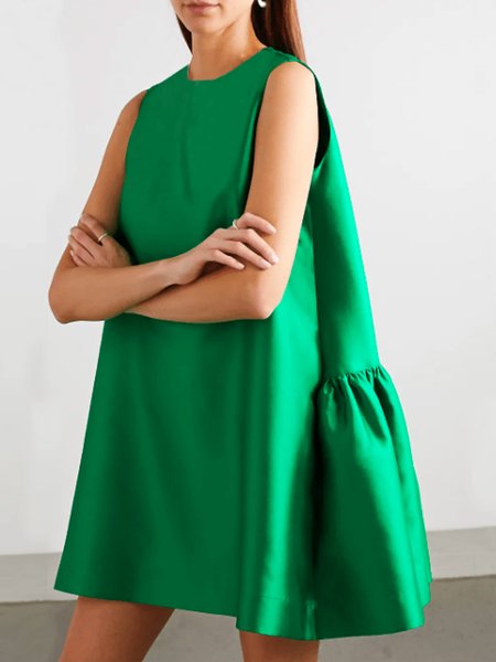 Summer Lightweight Loosen Crew Neck Solid Sleeveless Woven Daily Dresses, Green, Mini Dresses