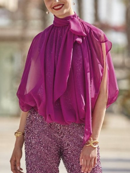 

Tie Neck Elegant Solid Loosen Cap Sleeve Top, Rose red, Blouses and Shirts