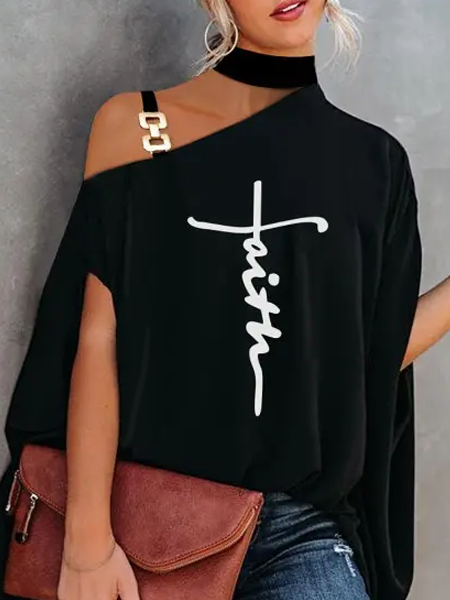 

Casual Letter Short Sleeve Tops, Black, T-Shirts
