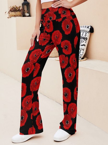 

Red Poppies On Black Large Women's Pants, As picture, Pants