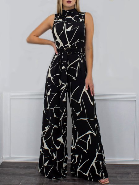 

Stand Collar Sleeveless Elegant Printed Jumpsuit, Black, Jumpsuits