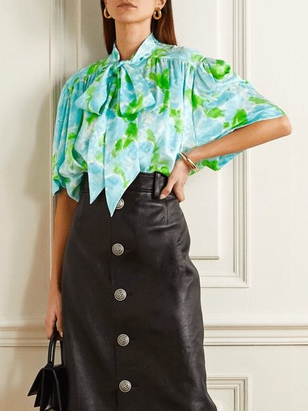 

Summer Lightweight Tie Neck Loosen Short Sleeve Tops, Green, Tops