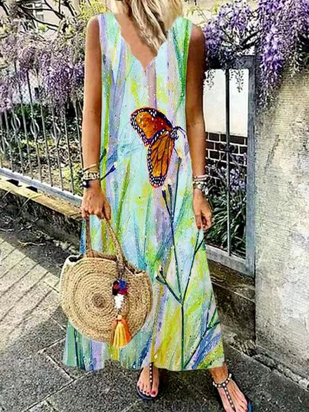 

Vacation V Neck Floral Sleeveless Woven Dresses, Multicolor, Dresses