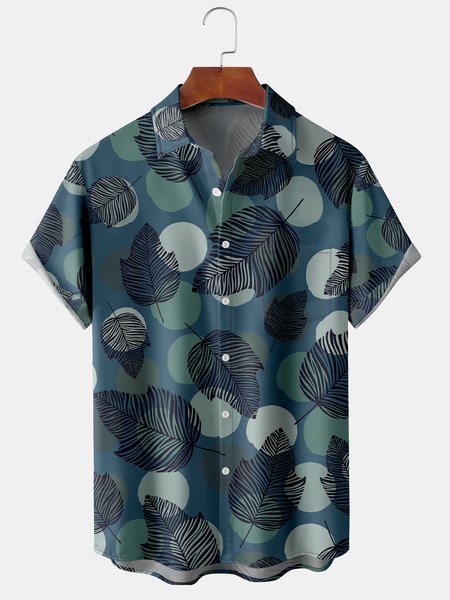

Men's Leaf Print Casual Breathable Short Sleeve Shirt, Green, Men's Floral shirt