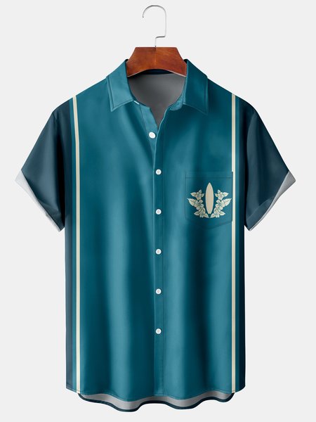 

Hawaiian Surfboard Graphic Men's Casual Short Sleeve Chest Pocket Shirt, Green, Men's Floral shirt