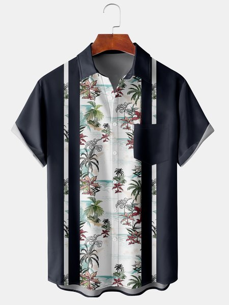 Hawaiian Graphic Men's Casual Chest Pocket Short Sleeve Shirt, Purplish blue, Men's Floral shirt