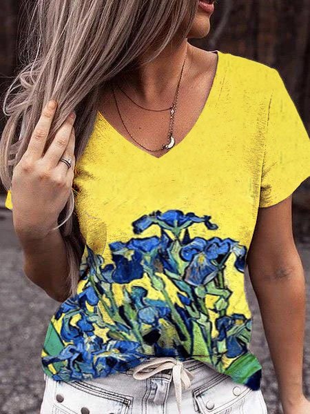 

Floral Oil Painting V Neck Casual Short Sleeve T-Shirt, Yellow, T-Shirts