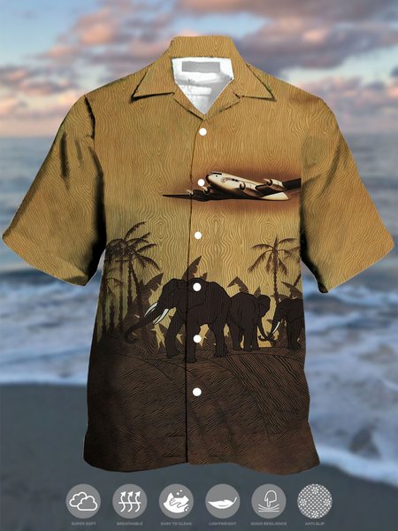 

Men's Coconut Tree Print Casual Moisture Absorbent Breathable Fabric Hawaiian Short Sleeve Shirt, Khaki, Men's Floral shirt