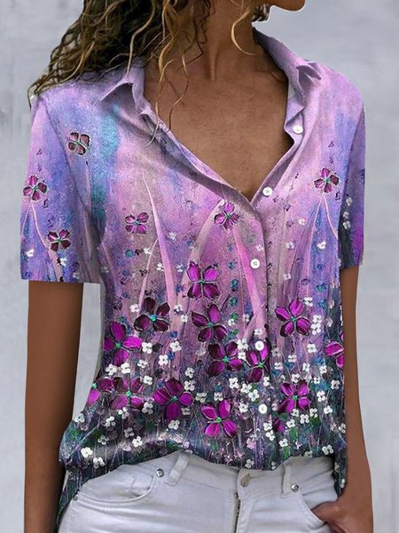 

Floral Shirt Collar Loosen Short Sleeve T-Shirt, Flower, T-Shirts