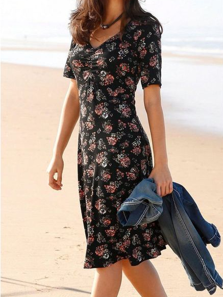 

Floral Regular Fit Vacation Short Sleeve Knit Dress, Black, Midi Dresses