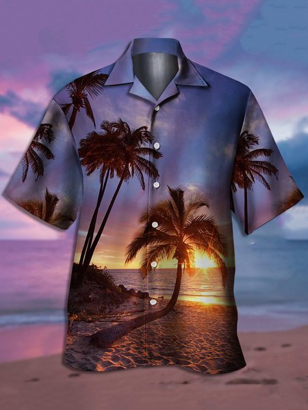 

Mens Funky Hawaiian Coconut Tree Print Short Sleeve Shirt Casual Shirt, Purple, Short Sleeve Shirts