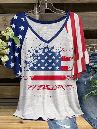 

V Neck Flag Casual Short Sleeve Tops, Multicolor, Shirts & Blouses
