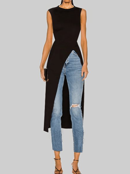 

Summer Lightweight Crew Neck Plain Regular Fit Knit Daily, Black, Tunics