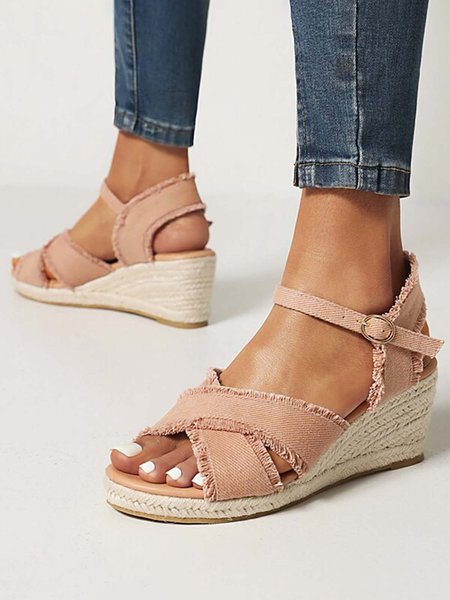 

JFN Canvas Braided Strap Cross Boho Straw Wedge Sandals, Pink, Sandals