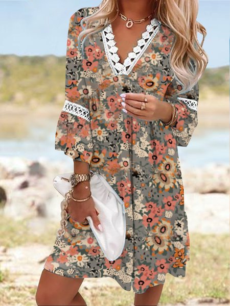 

V Neck Lace Vintage Floral loose Ruffle Midi Dress, Multicolor, Dresses