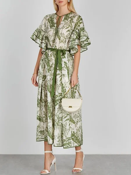

V Neck Vacation Short Sleeve Printed Dress, Green, Maxi Dresses