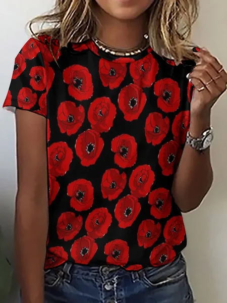 

Red Poppies On Black Large Women's Short Sleeve T-Shirt, As picture, T-shirts