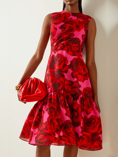 Summer Lightweight Crew Neck Sleeveless Woven Fit and FlareX Dresses, Red, Midi Dresses