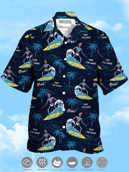 

Men's Coconut Tree Print Casual Moisture Absorbent Breathable Fabric Hawaiian Short Sleeve Shirt, Royal blue, Men's Floral shirt