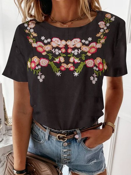 

Tribal feelings folk pattern national style flower pattern loose top T-shirt Mexico Plus Size, Black, T-Shirts