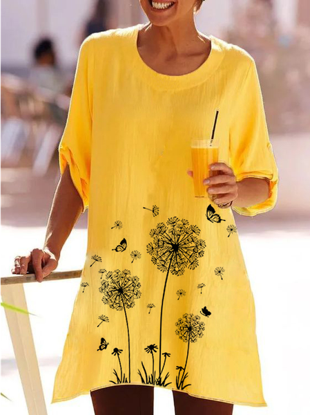 

Casual Floral Crew Neck Three Quarter Tops, Yellow, Tunics