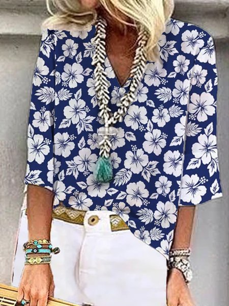 

Blue Floral Printed V Neck Casual Vacation Loose Tops, Shirts & Blouses