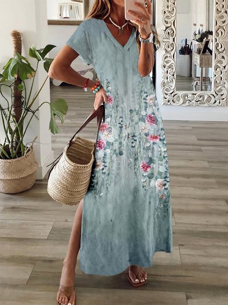 

Casual Floral Short Sleeve Dress, Green, Maxi Dresses