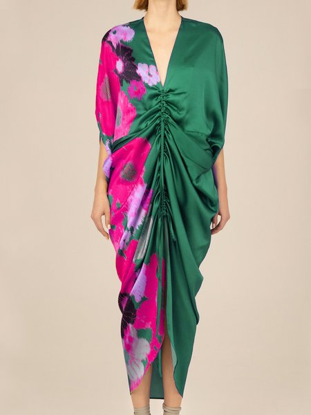 

Regular Fit V Neck Elegant Short Sleeve Woven Dress, Green, Maxi Dresses