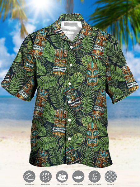

Men's Plant Element Printed Casual Moisture-Breathable Fabric Hawaiian Short Sleeve Shirt, Green, Men's Floral shirt