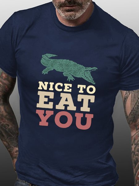 

Nice To Eat You Funny Crocodile Print Crew Neck T-Shirt, Purplish blue, T-shirts