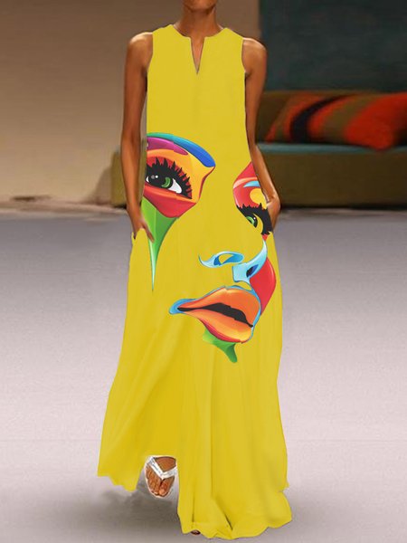 

Vacation V Neck Figure Woven Dress, Yellow, Maxi Dresses